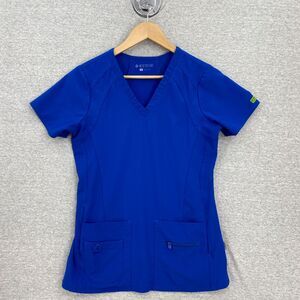 Med Couture Scrub Top Womens Small Blue Medical Vet Healthcare Uniform Stretch